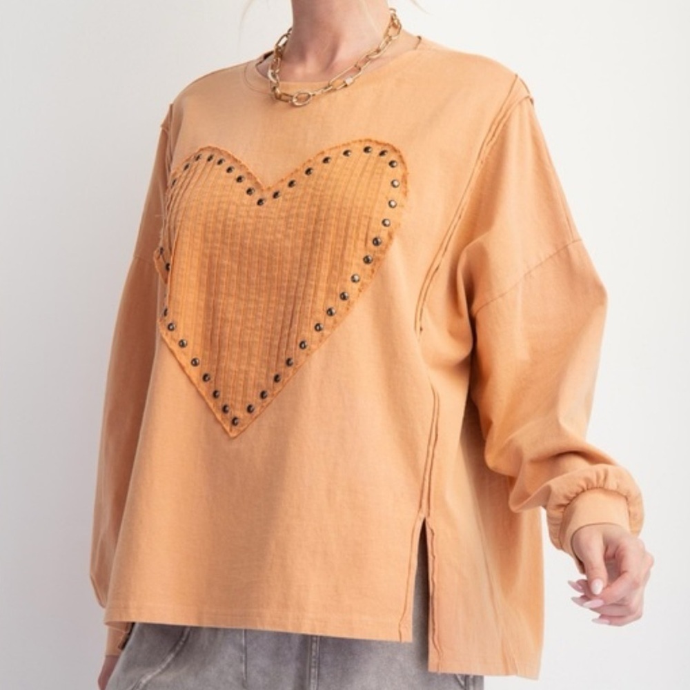 Easel Apricot Studded Heart Long Sleeve Top - Picture 3 of 10